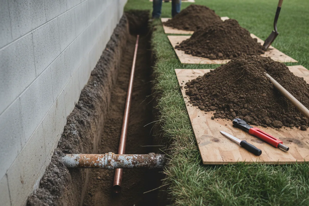 Excavated water line trench during Sewer Line Repair in Souderton